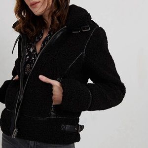 Madden Girl Shearling Sherpa Aviator Bomber Moto Jacket Black